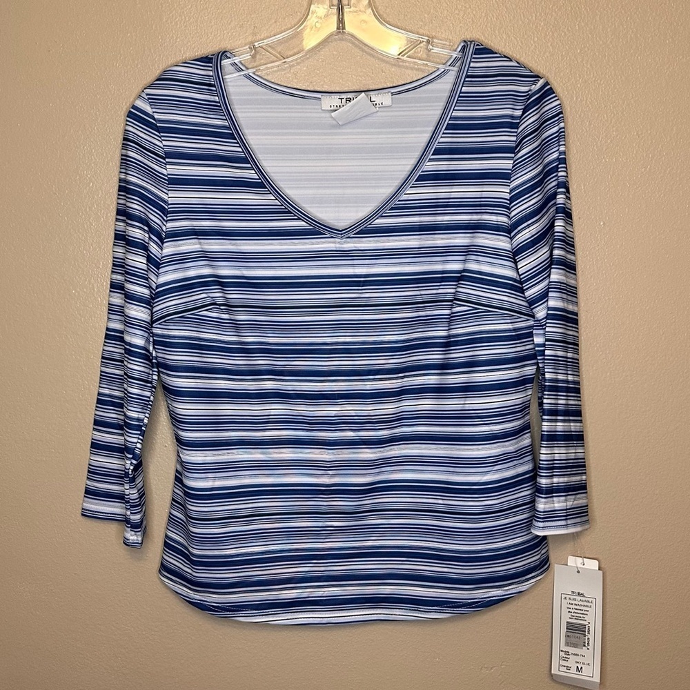 NWT Tribal V-neck 3/4 sleeve Blue Striped Women's Top Size Medium